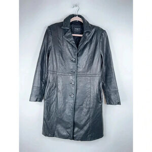 Vintage 90s Leather Jacket Black Jones New York Button Front Mid Length M/L